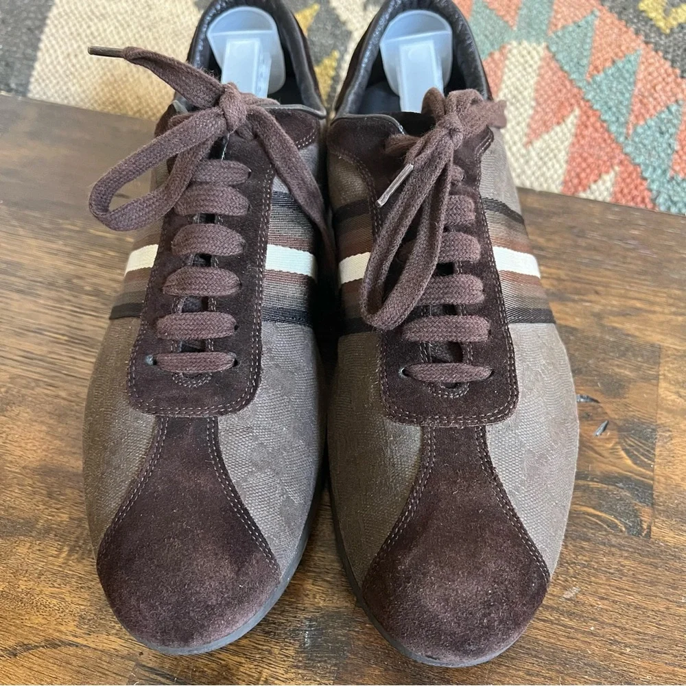 GUCCI Brown Canvas/Suede Web Detail Low Top Sneakers Gucci Size 7.5 US8